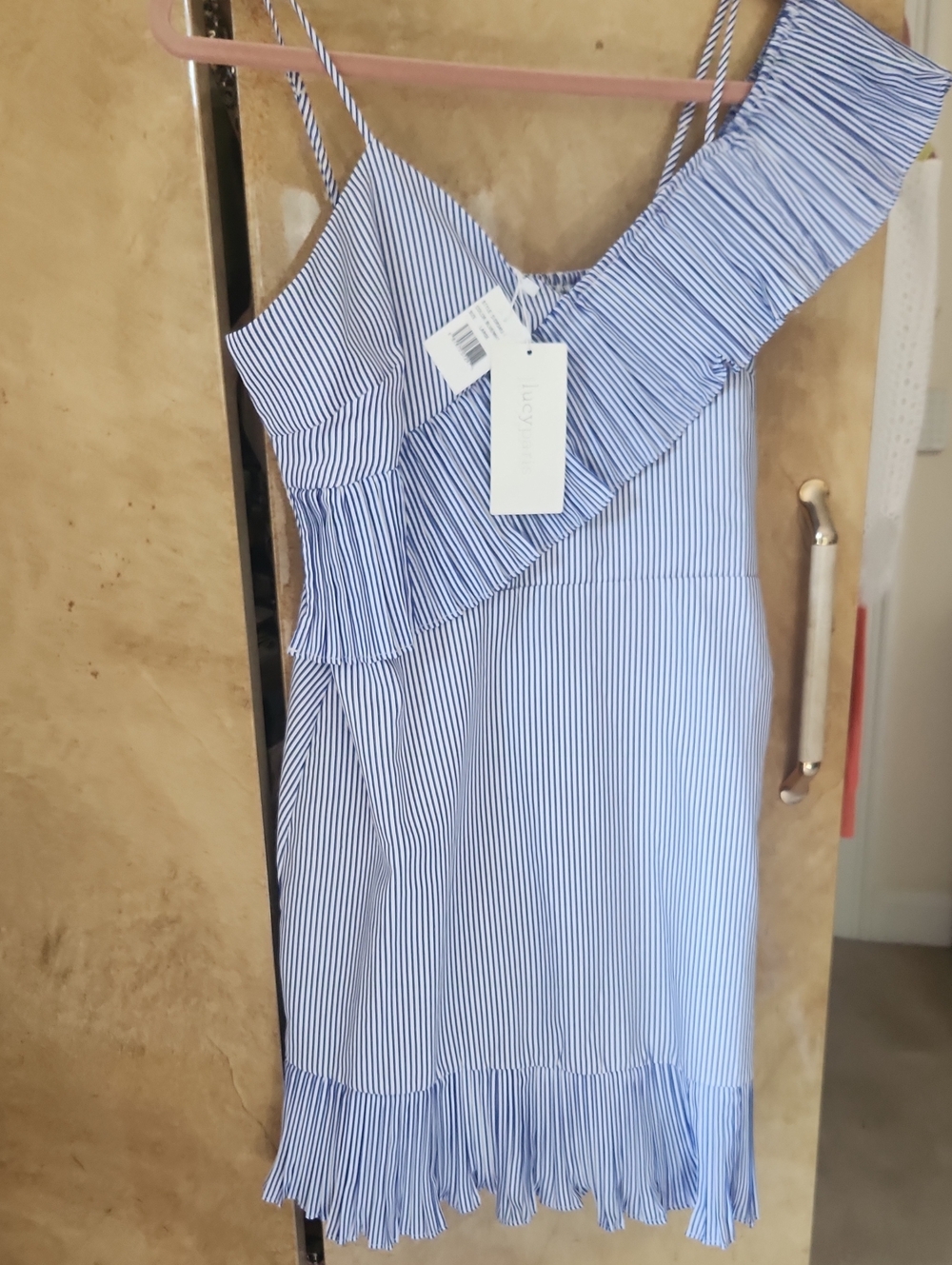NWT- Lucy Paris Blue and White Striped One-Shoulder Ruffle Dress